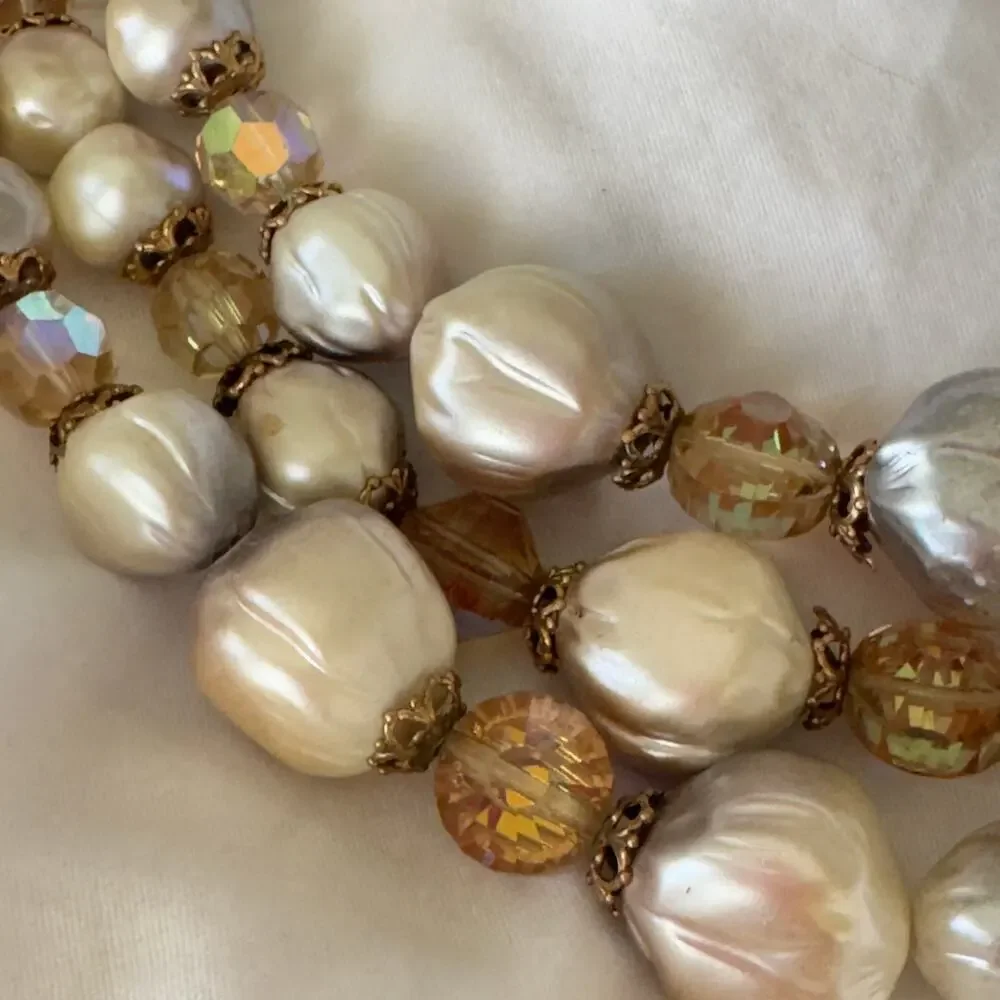 Vintage Baroque Crystal Pearl Triple Strand Citrine Rhinestone 1950s Necklace